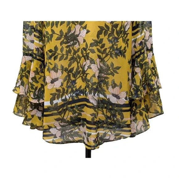 CABI Blouse Sm Yellow Green Floral Layered Flare Sleeves Boho - Picture 4 of 11